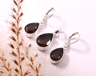 Superbe ensemble de bijoux en argent avec quartz fumé, ensemble de boucles d'oreilles pendantes faites main, ensemble de bijoux en quartz fumé, ensemble de bijoux en pierres précieuses, cadeau pour elle, M-57