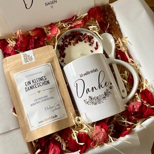 Tee Geschenkset Ich wollte Danke sagen Geschenk Box mit Keramik Tasse für Frauen Geschenkbox mit Sojawachs Kerze Grußkarte Cozy Time image 2