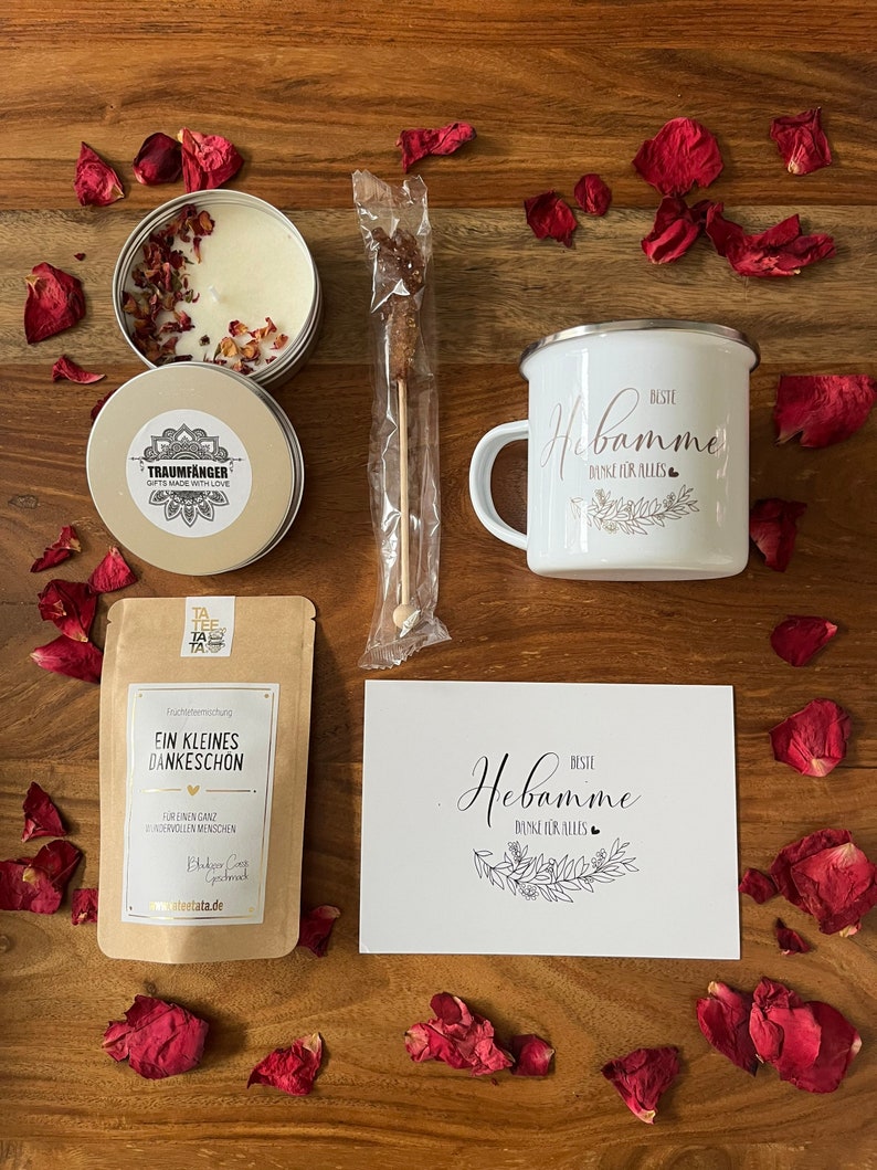 Tee Geschenkset Beste Hebamme Geschenk Box mit Emaille Tasse für Frauen Geschenkbox mit Sojawachs Kerze Grußkarte Cozy Time Bild 9