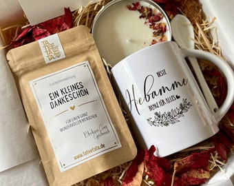 Tee Geschenkset - Beste Hebamme - Geschenk Box mit Keramik Tasse für Frauen | Tee Geschenkbox | Sojawachs Kerze Grußkarte | Cozy Time