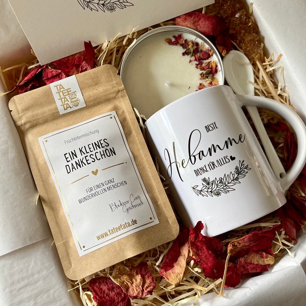 Tee Geschenkset - Beste Hebamme - Geschenk Box mit Keramik Tasse für Frauen | Tee Geschenkbox | Sojawachs Kerze Grußkarte | Cozy Time