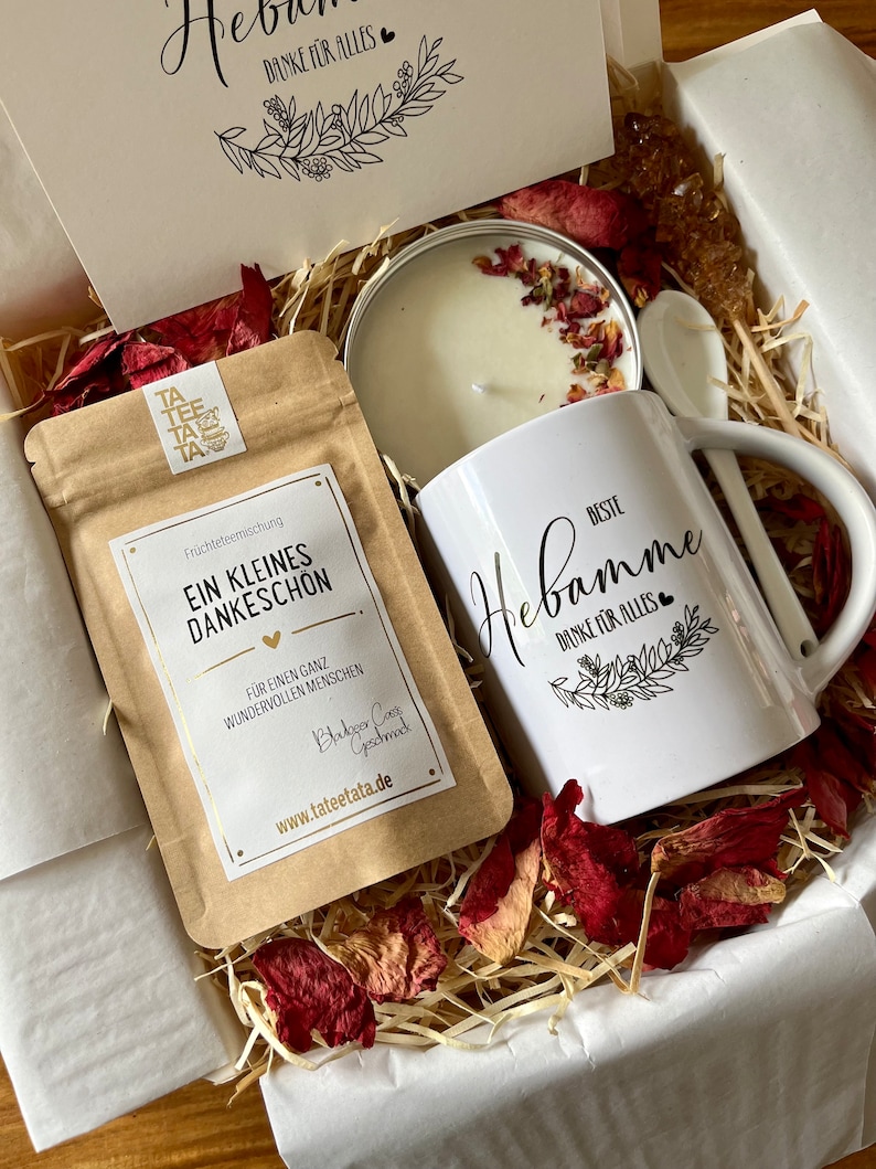 Tee Geschenkset Beste Hebamme Geschenk Box mit Keramik Tasse für Frauen Tee Geschenkbox Sojawachs Kerze Grußkarte Cozy Time image 1