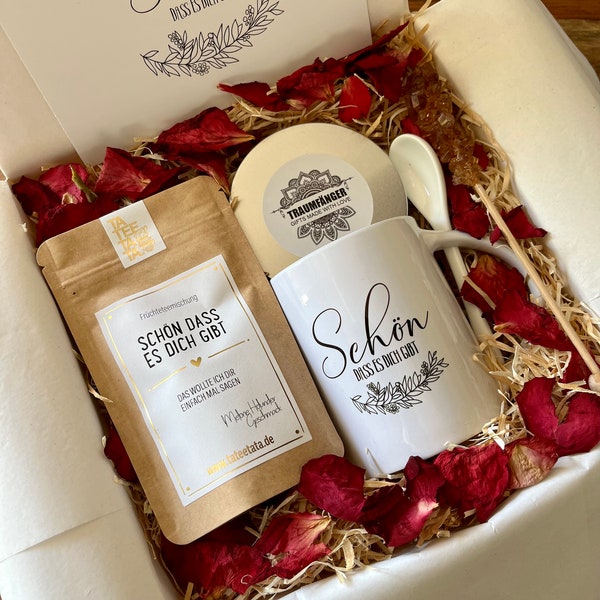 Tee Geschenkset "Schön dass es Dich gibt" - Keramik Tasse Geschenkbox | Relax Box für Frauen Freundin | Wohlfühlbox Geburtstag | Cozy Time