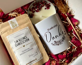 Tee Geschenkset - Ich wollte Danke sagen - Geschenk Box mit Keramik Tasse für Frauen | Geschenkbox mit Sojawachs Kerze Grußkarte | Cozy Time