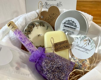 Wellness Geschenk Set Lavendel mit Seife für Frauen Freundin | Geschenk Set Wohlfühlbox Geburtstag | Lavendel Badesalz