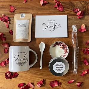 Tee Geschenkset Ich wollte Danke sagen Geschenk Box mit Keramik Tasse für Frauen Geschenkbox mit Sojawachs Kerze Grußkarte Cozy Time Bild 7