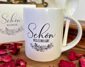 Schön das es dich gibt Keramik Tasse mit Löffel | Vintage Boho personalisiert | Geschenk Geburtstag Frauen beste Freundin | Cozy Time