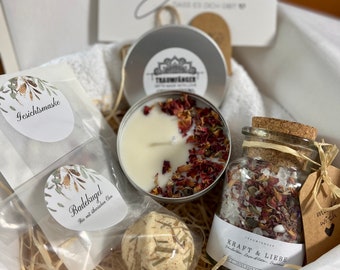 Wellness Geschenk Set "Kraft und Liebe" mit Badesalz | Rosenblüten SPA & Relax Box für Frauen Freundin | Wohlfühlbox Geburtstag | Badekugel