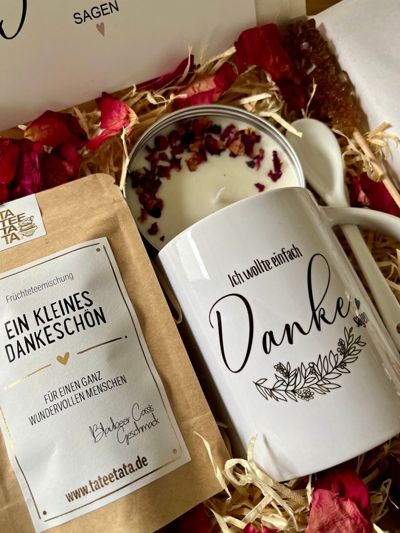 Tee Geschenkset Ich wollte Danke sagen Geschenk Box mit Keramik Tasse für Frauen Geschenkbox mit Sojawachs Kerze Grußkarte Cozy Time image 5