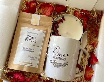 Tee Geschenkset - Oma Ich hab Dich lieb - Geschenk Box mit Keramik Tasse für Frauen | Geschenkbox mit Sojawachs Kerze Grußkarte | Cozy Time