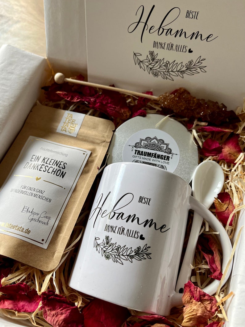 Tee Geschenkset Beste Hebamme Geschenk Box mit Keramik Tasse für Frauen Tee Geschenkbox Sojawachs Kerze Grußkarte Cozy Time image 7