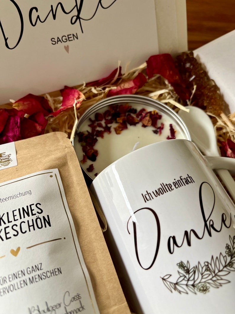 Tee Geschenkset Ich wollte Danke sagen Geschenk Box mit Keramik Tasse für Frauen Geschenkbox mit Sojawachs Kerze Grußkarte Cozy Time image 6