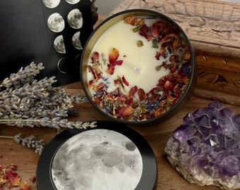 Mond Ritual Duftkerze aus Sojawachs | handgemacht mit Rosen & Kornblumenblüten | Lavendel Bio Vegan