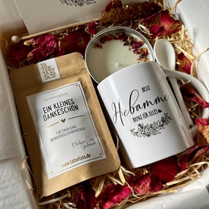 Tee Geschenkset Beste Hebamme Geschenk Box mit Keramik Tasse für Frauen Tee Geschenkbox Sojawachs Kerze Grußkarte Cozy Time image 8