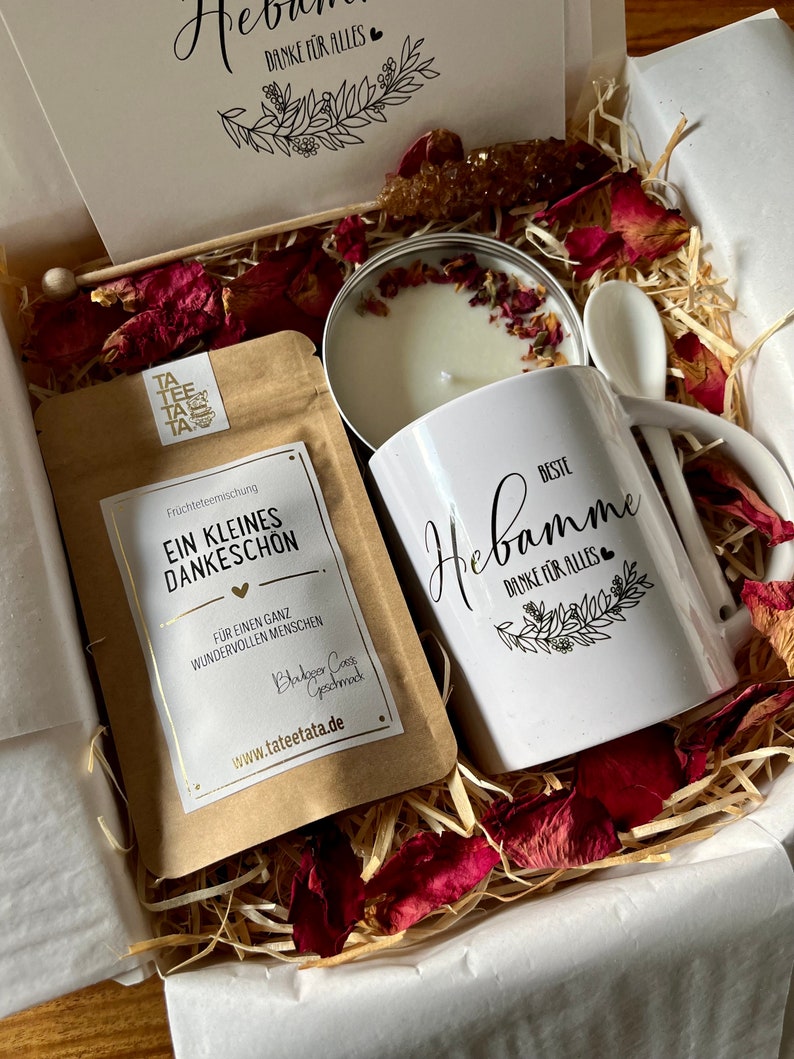 Tee Geschenkset Beste Hebamme Geschenk Box mit Keramik Tasse für Frauen Tee Geschenkbox Sojawachs Kerze Grußkarte Cozy Time image 8