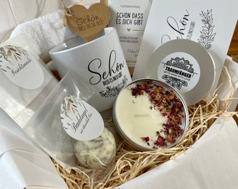 Geschenkbox „Schön, dass es dich gibt“ Tee und Keramik Tasse | SPA Wellness Set & Relax Box für Muttertag | Wohlfühlbox Geburtstag | Rosen