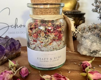 Badesalz im Glas mit Rosenblüten & Lavendel - Kraft und Ruhe Geschenk für Frauen | Ritual Meersalz | Selfcare Wellness Spa Relaxen Box