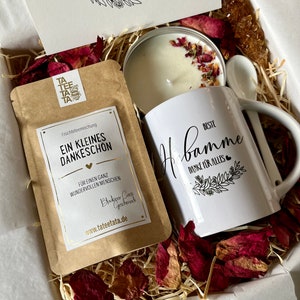 Tee Geschenkset Beste Hebamme Geschenk Box mit Keramik Tasse für Frauen Tee Geschenkbox Sojawachs Kerze Grußkarte Cozy Time image 3