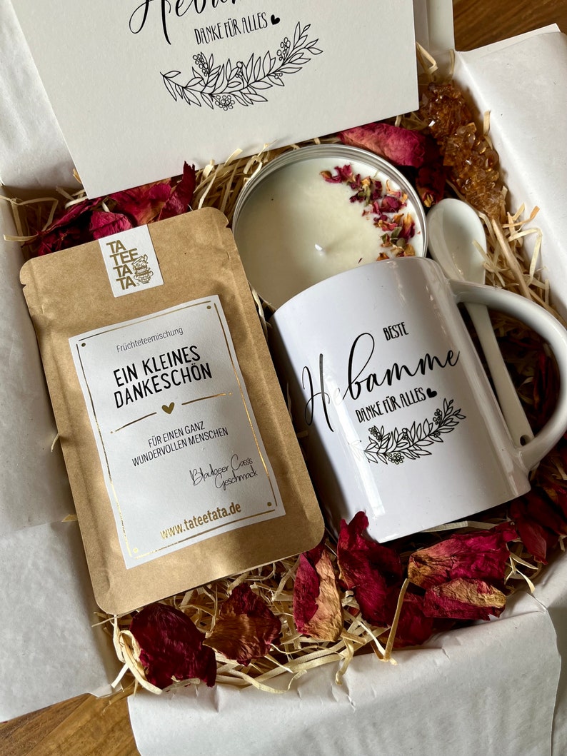 Tee Geschenkset Beste Hebamme Geschenk Box mit Keramik Tasse für Frauen Tee Geschenkbox Sojawachs Kerze Grußkarte Cozy Time image 3