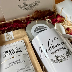 Tee Geschenkset Beste Hebamme Geschenk Box mit Keramik Tasse für Frauen Tee Geschenkbox Sojawachs Kerze Grußkarte Cozy Time image 2