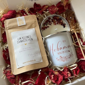 Tee Geschenkset Beste Hebamme Geschenk Box mit Emaille Tasse für Frauen Geschenkbox mit Sojawachs Kerze Grußkarte Cozy Time Bild 2
