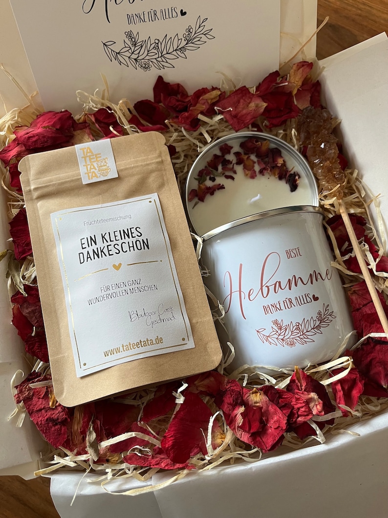 Tee Geschenkset Beste Hebamme Geschenk Box mit Emaille Tasse für Frauen Geschenkbox mit Sojawachs Kerze Grußkarte Cozy Time Bild 2