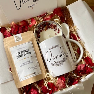 Tee Geschenkset Ich wollte Danke sagen Geschenk Box mit Keramik Tasse für Frauen Geschenkbox mit Sojawachs Kerze Grußkarte Cozy Time image 1