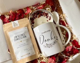 Tee Geschenkset - Ich wollte Danke sagen - Geschenk Box mit Keramik Tasse für Frauen | Geschenkbox mit Sojawachs Kerze Grußkarte | Cozy Time