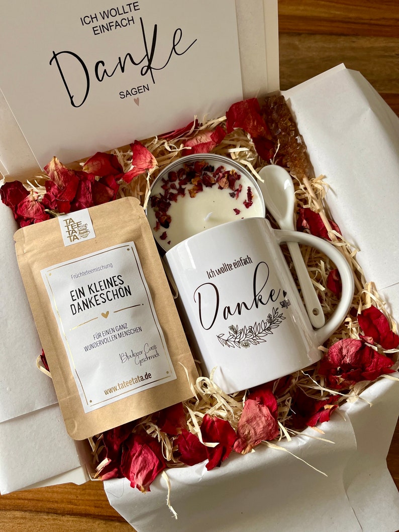 Tee Geschenkset Ich wollte Danke sagen Geschenk Box mit Keramik Tasse für Frauen Geschenkbox mit Sojawachs Kerze Grußkarte Cozy Time Bild 1