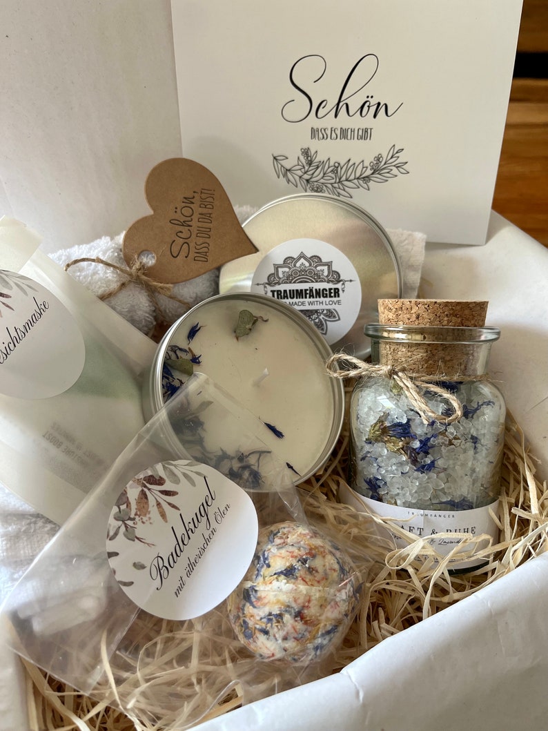 Wellness Geschenk Set Kornblume für Frauen SPA Wellness & Relax Box für Frauen Freundin Wohlfühlbox Geburtstag Rosenblüten Badesalz Bild 9