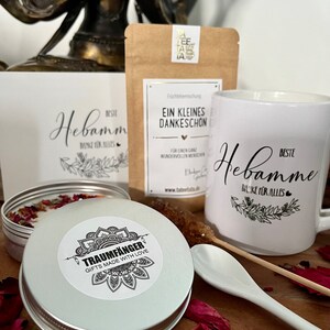 Tee Geschenkset Beste Hebamme Geschenk Box mit Keramik Tasse für Frauen Tee Geschenkbox Sojawachs Kerze Grußkarte Cozy Time image 4