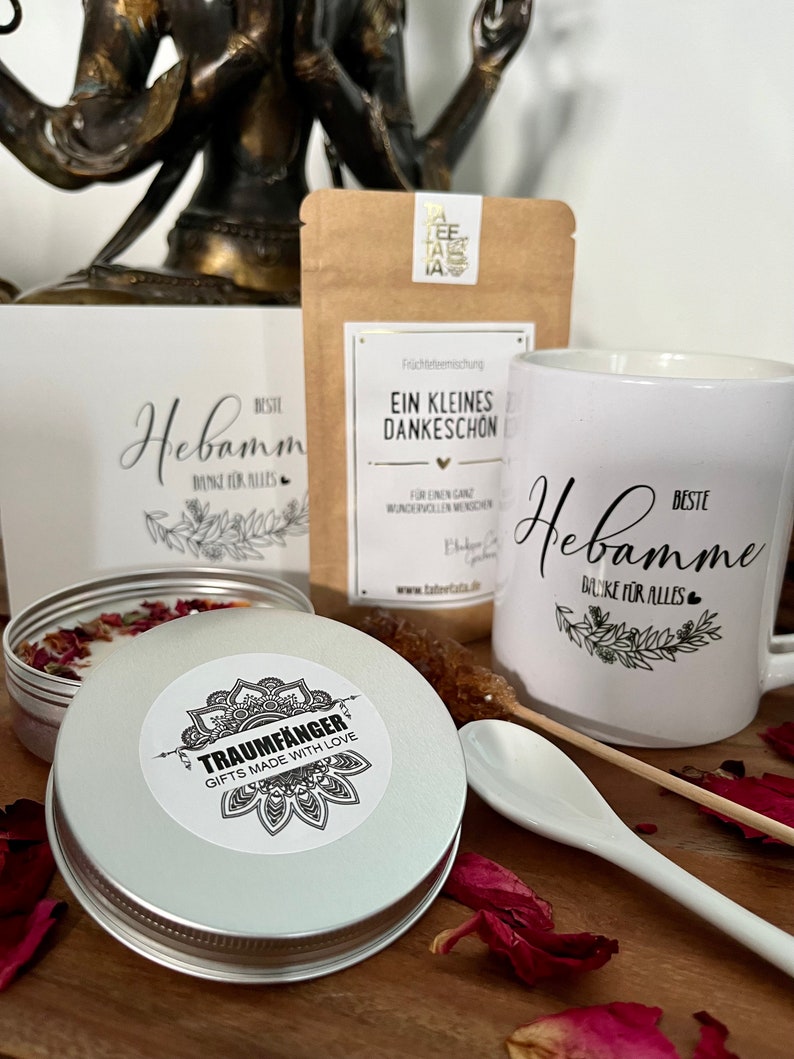 Tee Geschenkset Beste Hebamme Geschenk Box mit Keramik Tasse für Frauen Tee Geschenkbox Sojawachs Kerze Grußkarte Cozy Time image 4