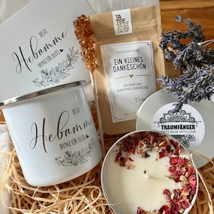 Tee Geschenkset Beste Hebamme Geschenk Box mit Emaille Tasse für Frauen Geschenkbox mit Sojawachs Kerze Grußkarte Cozy Time Bild 4