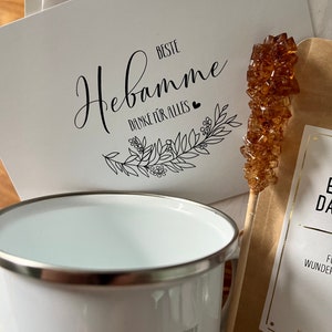 Tee Geschenkset Beste Hebamme Geschenk Box mit Emaille Tasse für Frauen Geschenkbox mit Sojawachs Kerze Grußkarte Cozy Time Bild 8