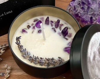 Mond Ritual Kerze aus Sojawachs | handgemacht mit Lavendel und Amethyst Kristalle | Schwarz