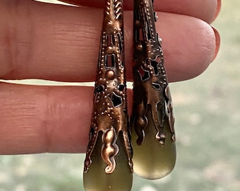 Smokie glass and brass earrings