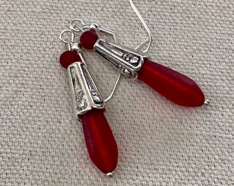 Petite Cherry Red Sea Glass Earrings