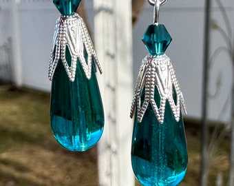 Teal Czech Glass Teardrop Earrings: Sterling Silver Dangle Earrings