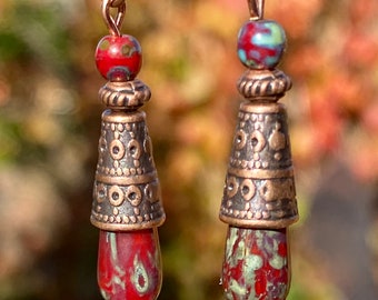 Ruby Red Czech Glass Earrings: Picasso Finish Copper Dangles