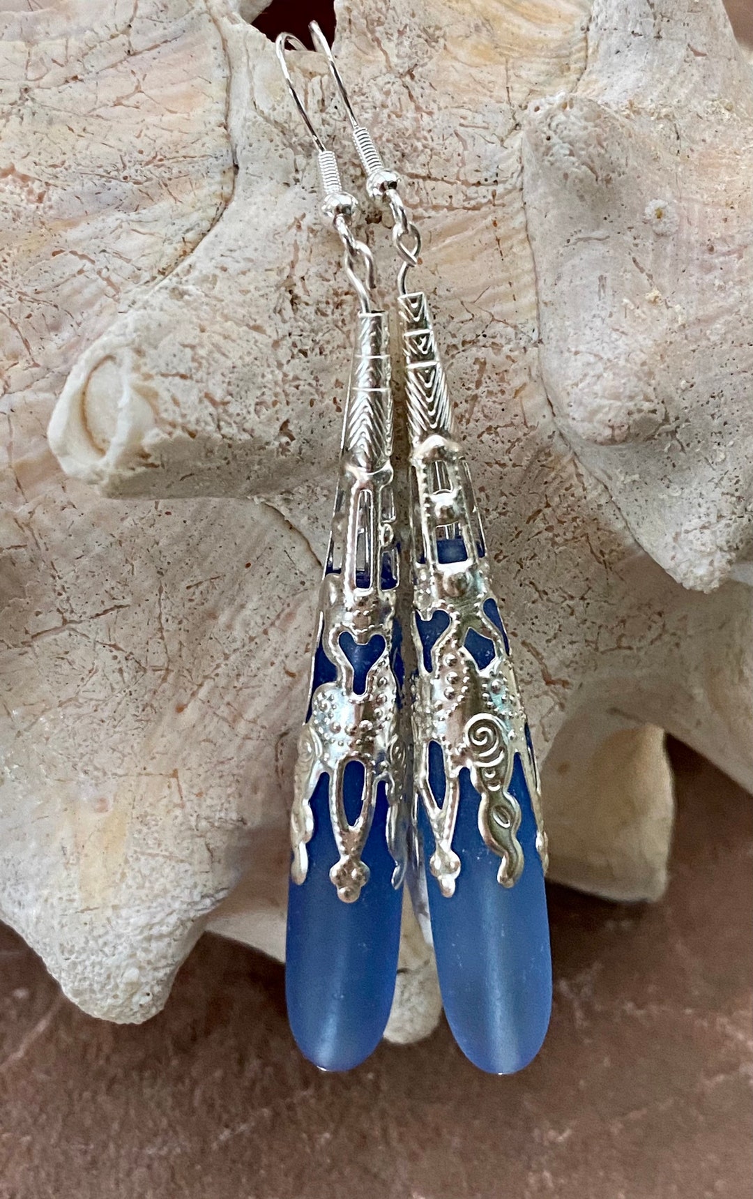 Boucles d'oreilles en verre de mer saphir bleu clair Etsy France