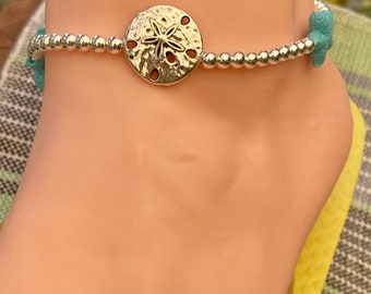 Hübsche Fußkettchen mit Sand-Dollar-Stecker Charme und türkis blau Seestern mit leichten Silber Metall Perlen