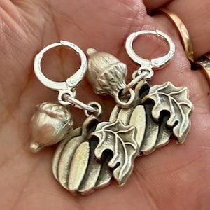 Whimsical antique silver Pumpkin with Acorn Earrings, Small Modern Round Silver Lever Back Huggies