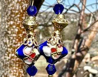 Vintage Petite Cloisonné Diamond shape Cobalt Blue Earrings