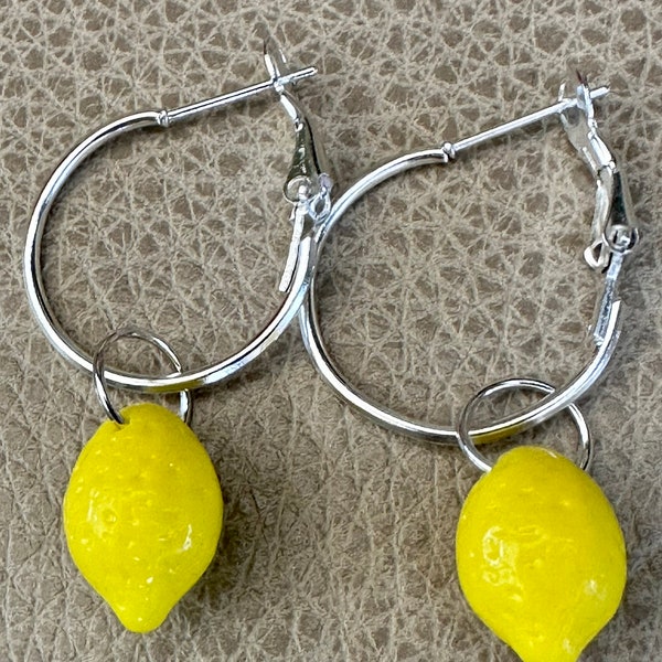 Fun Food Earrings Hoop Earrings with Yellow Lemon Briolette Food Earrings