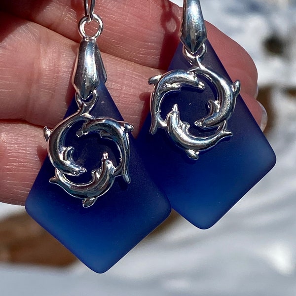 Cobalt Blue Sea Glass Diamond Shape Earrings with Dolphin Charm