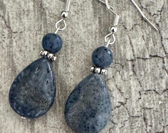 Genuine Natural Blue Coral Teardrop Earrings Gem Stone Earrings Coral Earrings