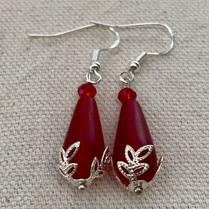 Cherry Red Teardrop Sea Glass Earrings with a Silver Leaf End Cap Matte Cherry Red Sea Glass