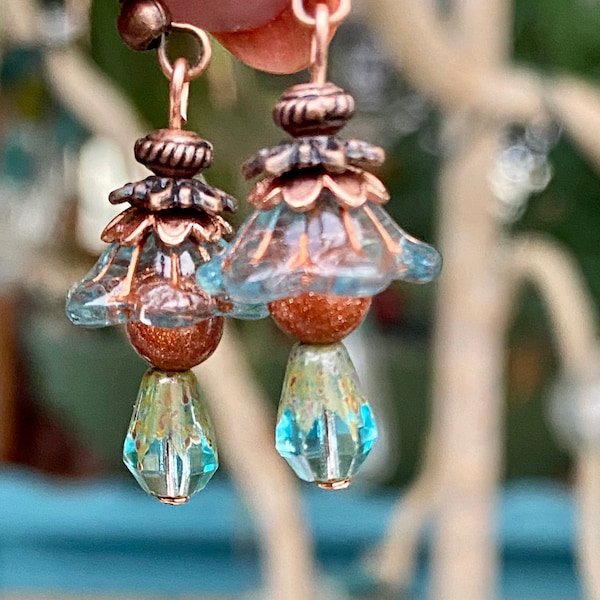 Czech Glass Aqua Blue Bell Flower with Copper Wash Transparent Earrings