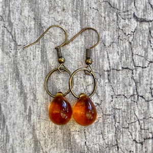 Honey Bee Amber Czech Glass Teardrops on Bronze Ear Wires
