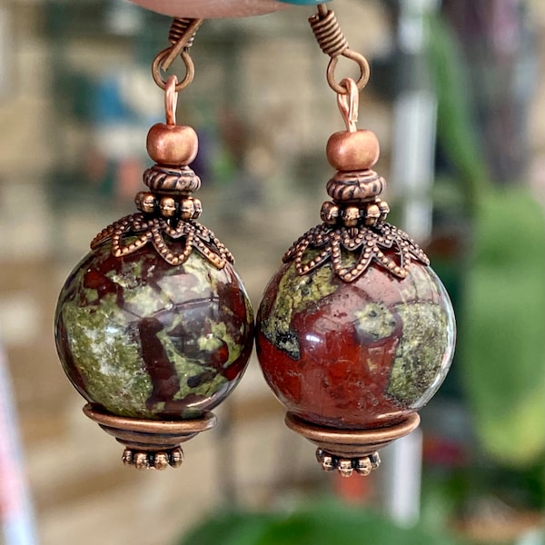 Lovely Dragon Bloodstone Bead Earrings